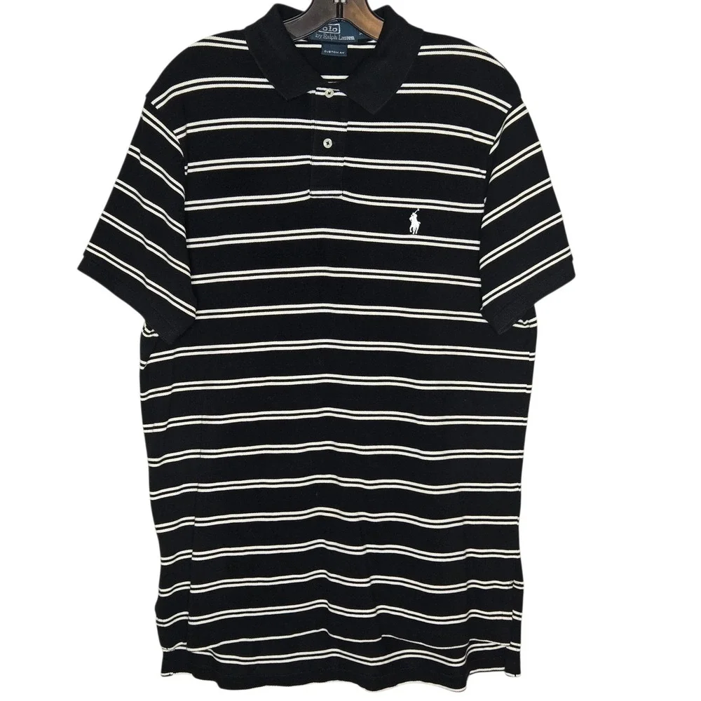 Polo Ralph Lauren Y2K Men XL Black Striped Polo Shirt Custom Fit White Pony Logo